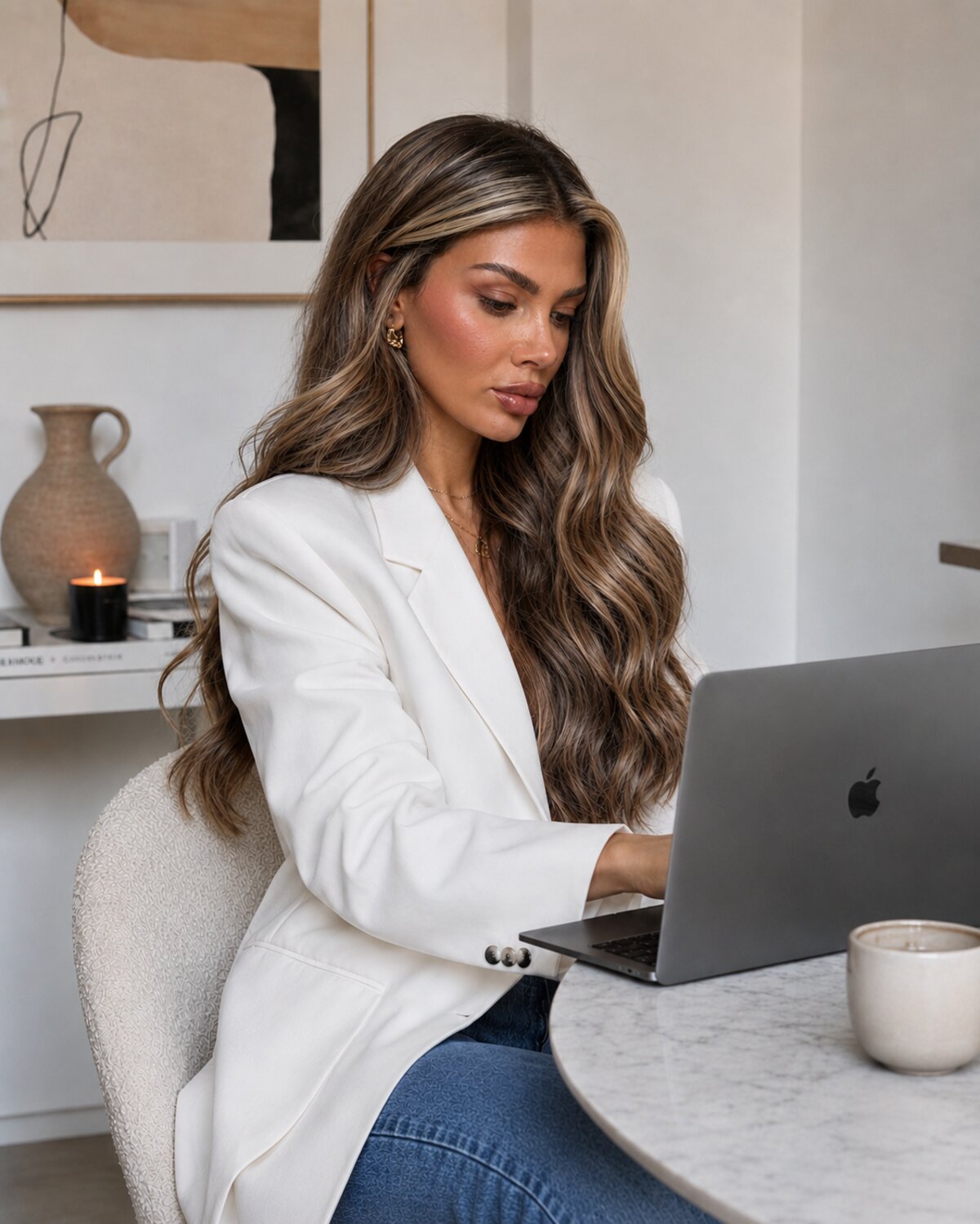 Mareike Kolk, Gründerin von Mirame Marketing & Mindset, arbeitet konzentriert am Laptop