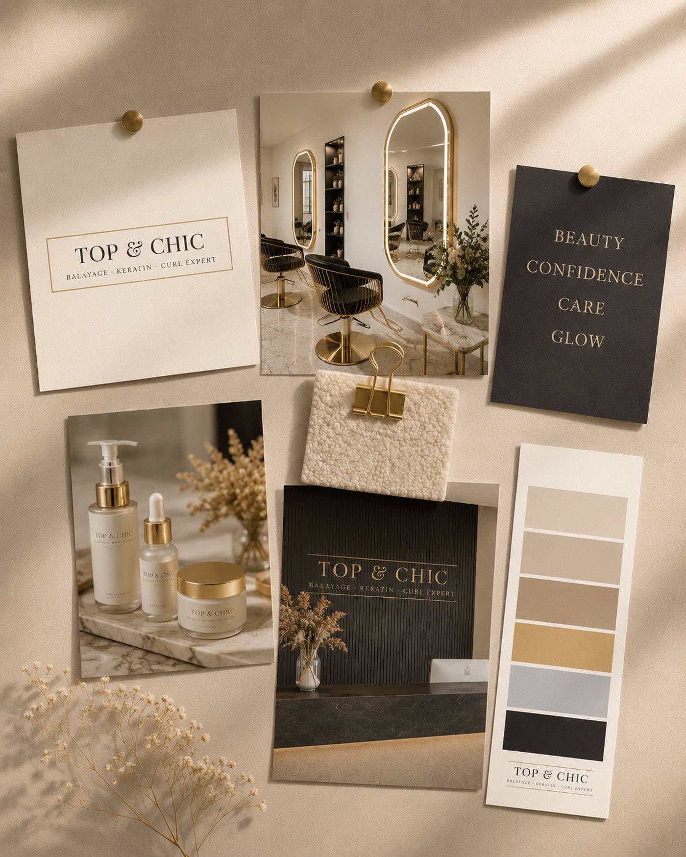 Moodboard der Markenentwicklung für Top & Chic: Logo, Farbpalette, Preislisten und Produktfotografie