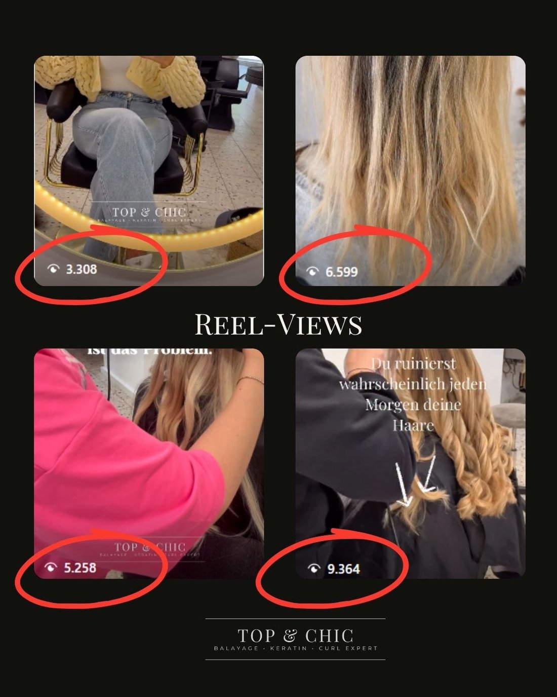 Screenshot der Instagram-Insights: Reel-Views von vier Top & Chic Beiträgen zwischen 3.308 und 9.364 Views