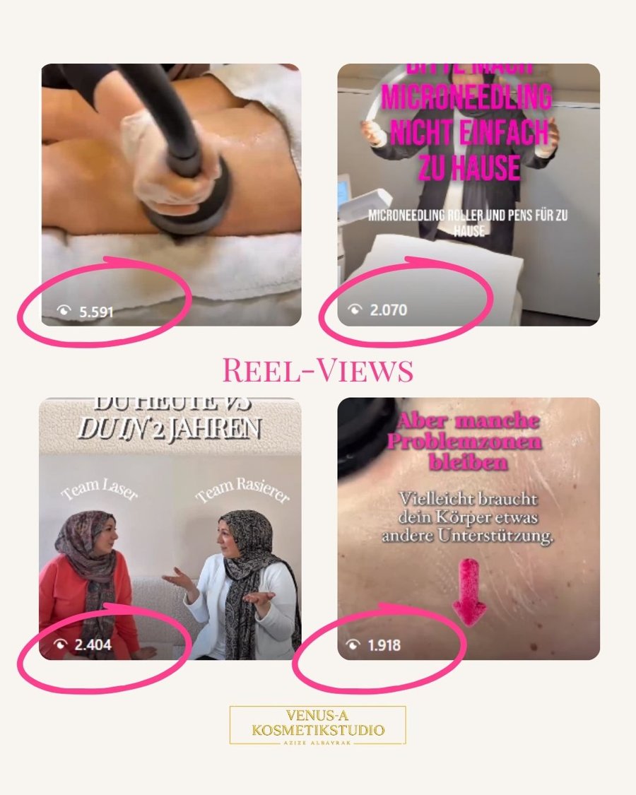 Screenshot der Instagram-Insights: Reel-Views von vier Venus-A Kosmetikstudio Beiträgen zwischen 1.918 und 5.591 Views
